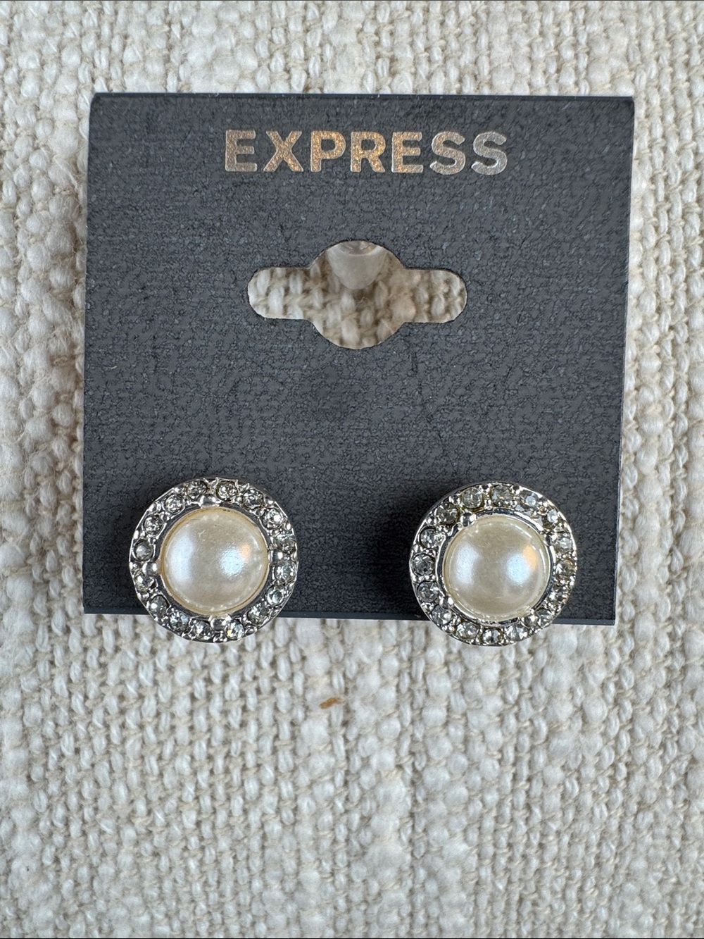 0535-Express Silver-Tone Crystal Halo Pearl Stud Earrings